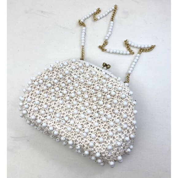Vintage 60s Ritter White Raffia Plastic Beaded Purse Handbag Mod Hippie Wedding - Picture 6 of 15